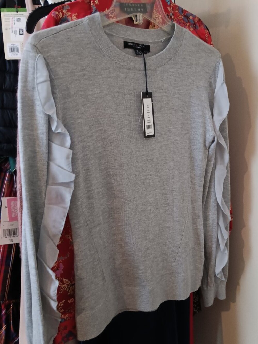 NWT Heather Grey Long Sleeve Feminine Crew Sweater with Ruffle Size S